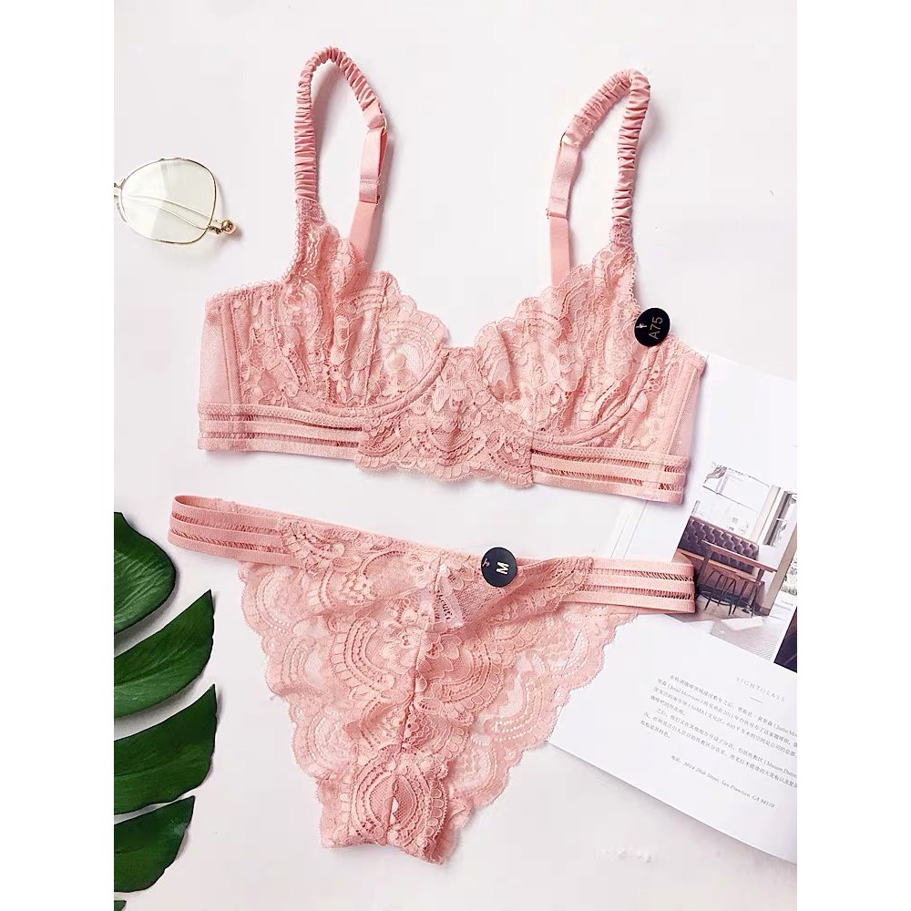 Bộ đồ lót B027 PD khuy vàng ren mút mỏng có gọng | BigBuy360 - bigbuy360.vn