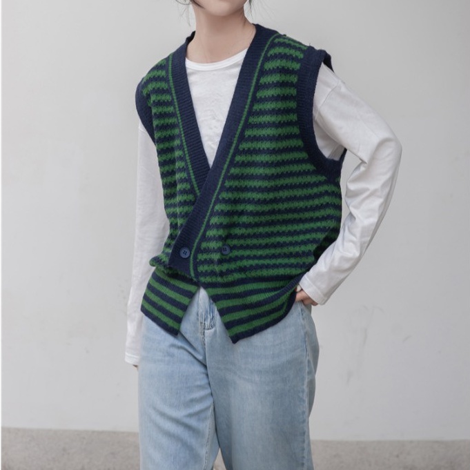 Áo Cardigan dệt kim không tay cổ chữ v form rộng họa tiết kẻ sọc phong cách retro | BigBuy360 - bigbuy360.vn