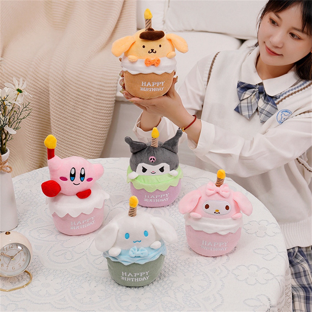 Đồ Chơi Nhồi Bông Hình Bánh Kem Sinh Nhật Kirby / Kulomi / Melody / Pudding Dog / Cinnamoroll Có Nhạc Và Đèn Phát Sáng Dành Cho Trẻ Em