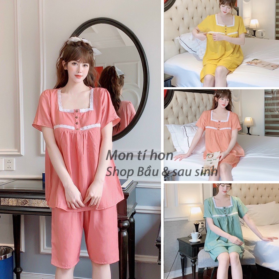 Bộ lửng Bầu sau sinh có khóa ngực cho bé bú | Chất đũi lụa siêu mát - Free size 45-65kg