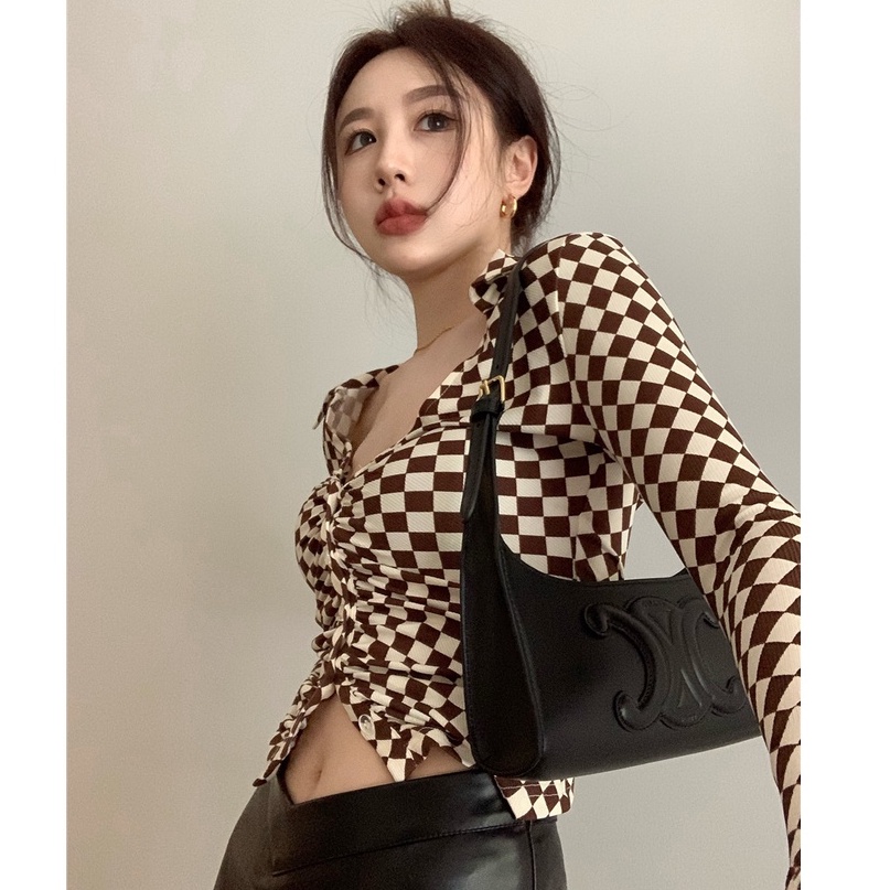QKOOLE Áo croptop  tay dài họa tiết sọc caro phong cách cổ điển Hàn Quốc