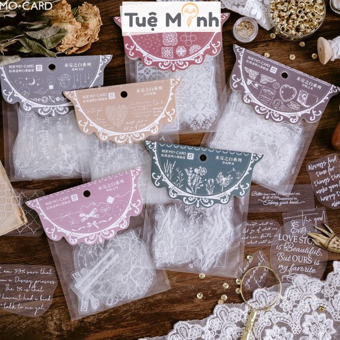 Bộ 40 sticker trong suốt STI010 cỡ lớn hình ren, hoa văn Vintage, quotes làm bullet journal, sổ tay