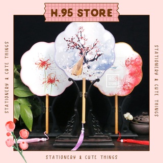 Quạt cổ trang hình hoa cán gỗ in 1 mặt, quạt tròn vành hoa phong cách cổ trang Trung Quốc