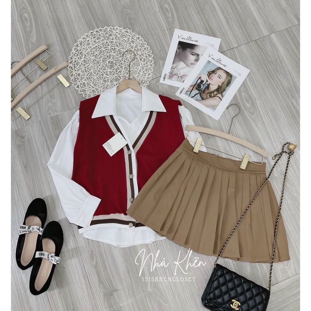 Set 3 món áo sơ mi trắng + áo gile đỏ + chân váy xếp li  🥰