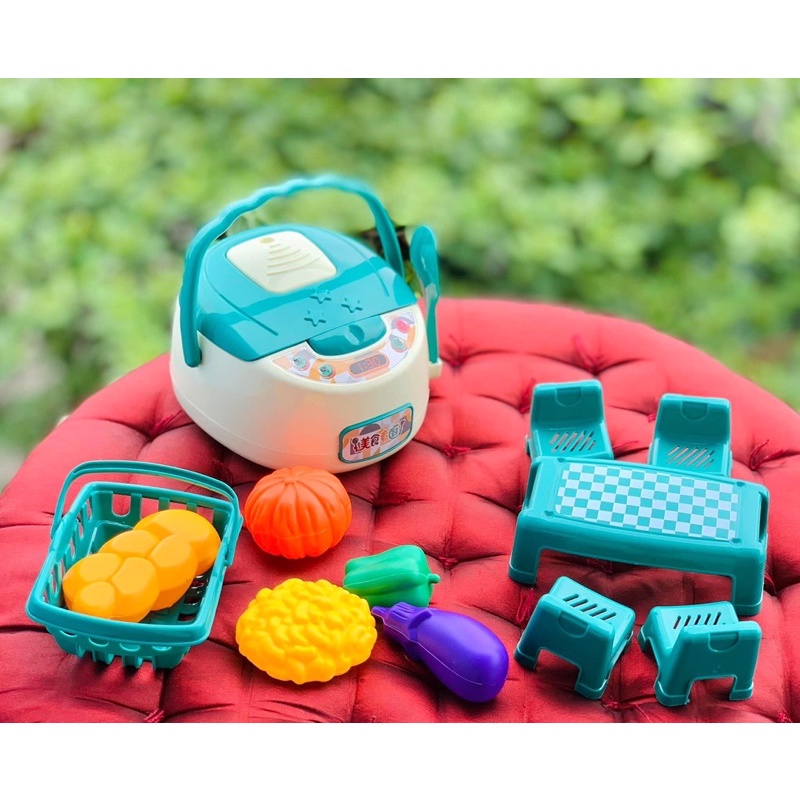 Đồ chơi nấu ăn nhà bếp, Bộ đồ chơi nồi cơm điện kèm bàn ghế và đồ ăn phát triển kĩ năng cho bé