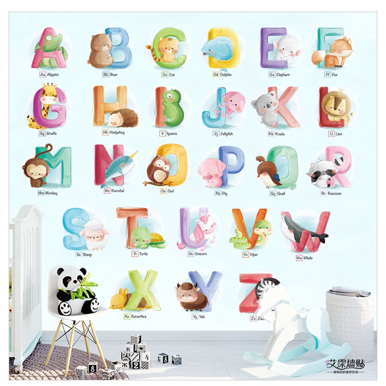 Decal dán tường dạy bé học thông minh Chữ cái và con vật ngộ nghĩnh