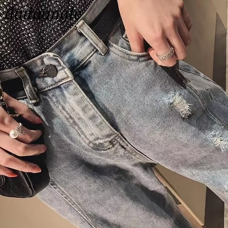 Quần jean Daduhey dáng rộng lưng cao kiểu rách thời trang phong cách Hàn Quốc cho nữ plus size