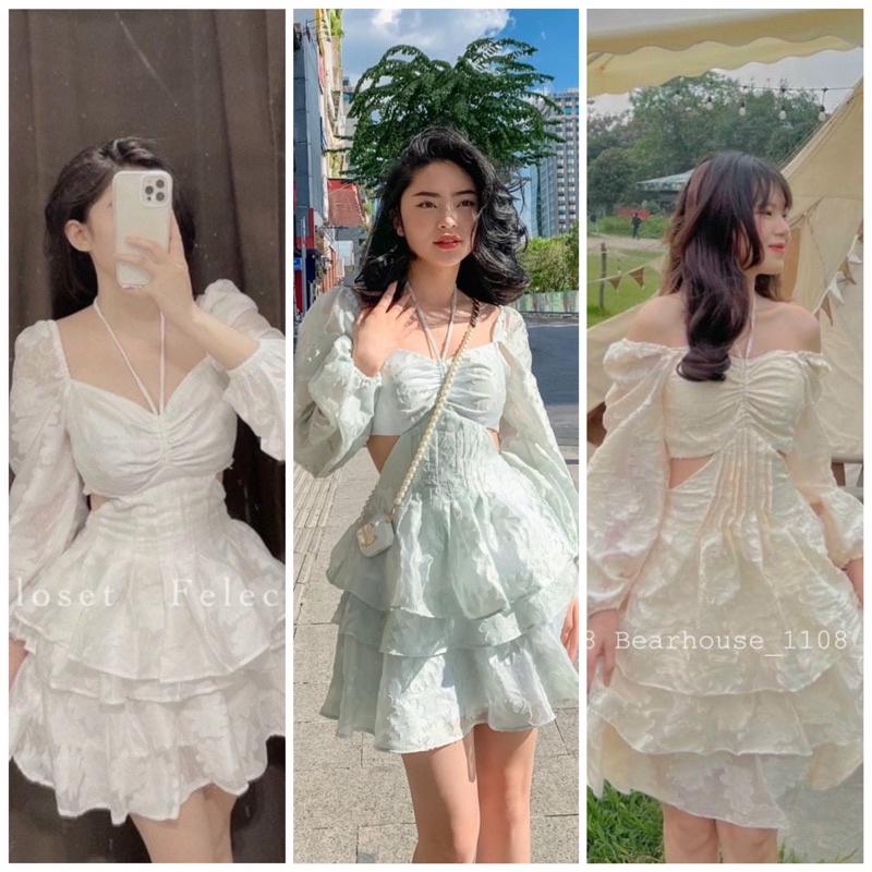 ĐẦM TRẮNG HOA NỔI KHOÉT EO