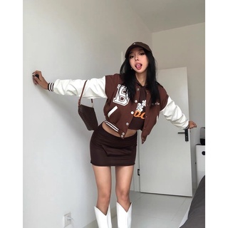 Áo khoác varsity croptop nâu