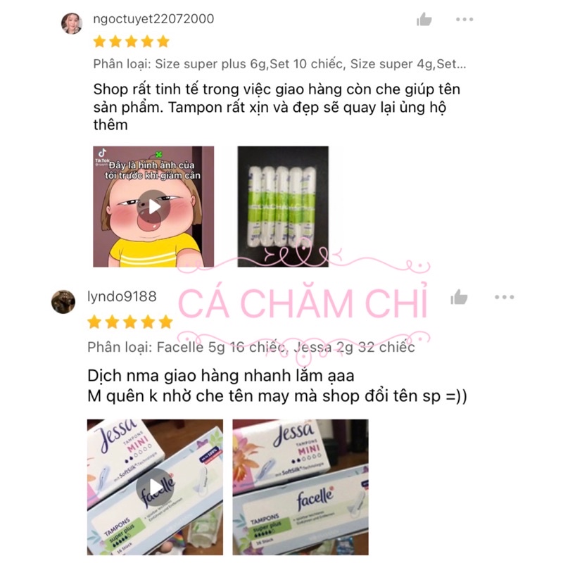 (Tampon bán lẻ) Set 10 chiếc băng vệ sinh dạng nút tampon Jessa mix đủ size - Đức