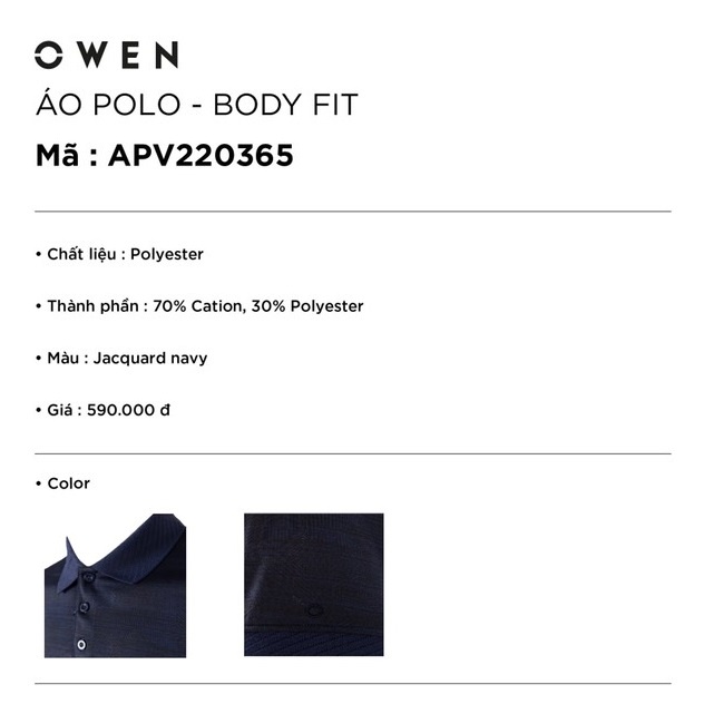 Áo thun nam có cổ bẻ polo OWEN APV220365 phông ngắn tay hàng hiệu cao cấp dáng body fit màu xanh navy vải polyester