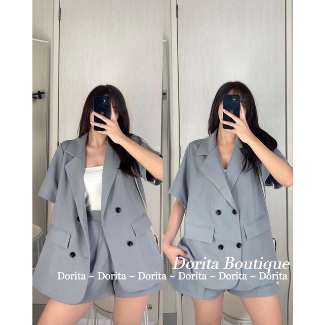 Set áo vest trơn basic cộc tay kèm quần short form oversize, Set áo Blazer kèm quần short Hàn Quốc