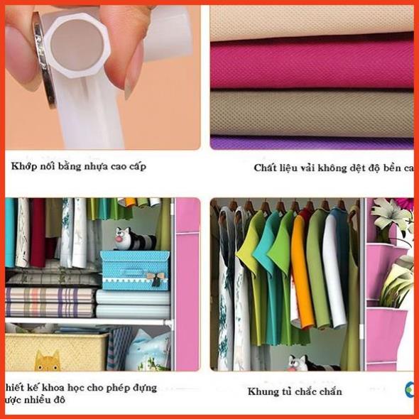 Tủ quần áo Vải 3D Đựng Quần Áo 1 Buồng 2 Ngăn treo quần áo tiện dụng cửa rèm dễ lắp ráp