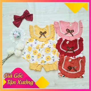 Quần áo bé gái, set bộ hoa đính nơ nhỏ chất đũi cho bé gái