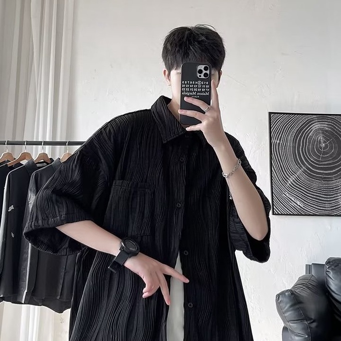 Áo Sơ Mi Ngắn Tay Màu Trơn Họa Tiết Kẻ Sọc Thời Trang Mùa Hè Hàn Quốc Cho Nam Và Nữ