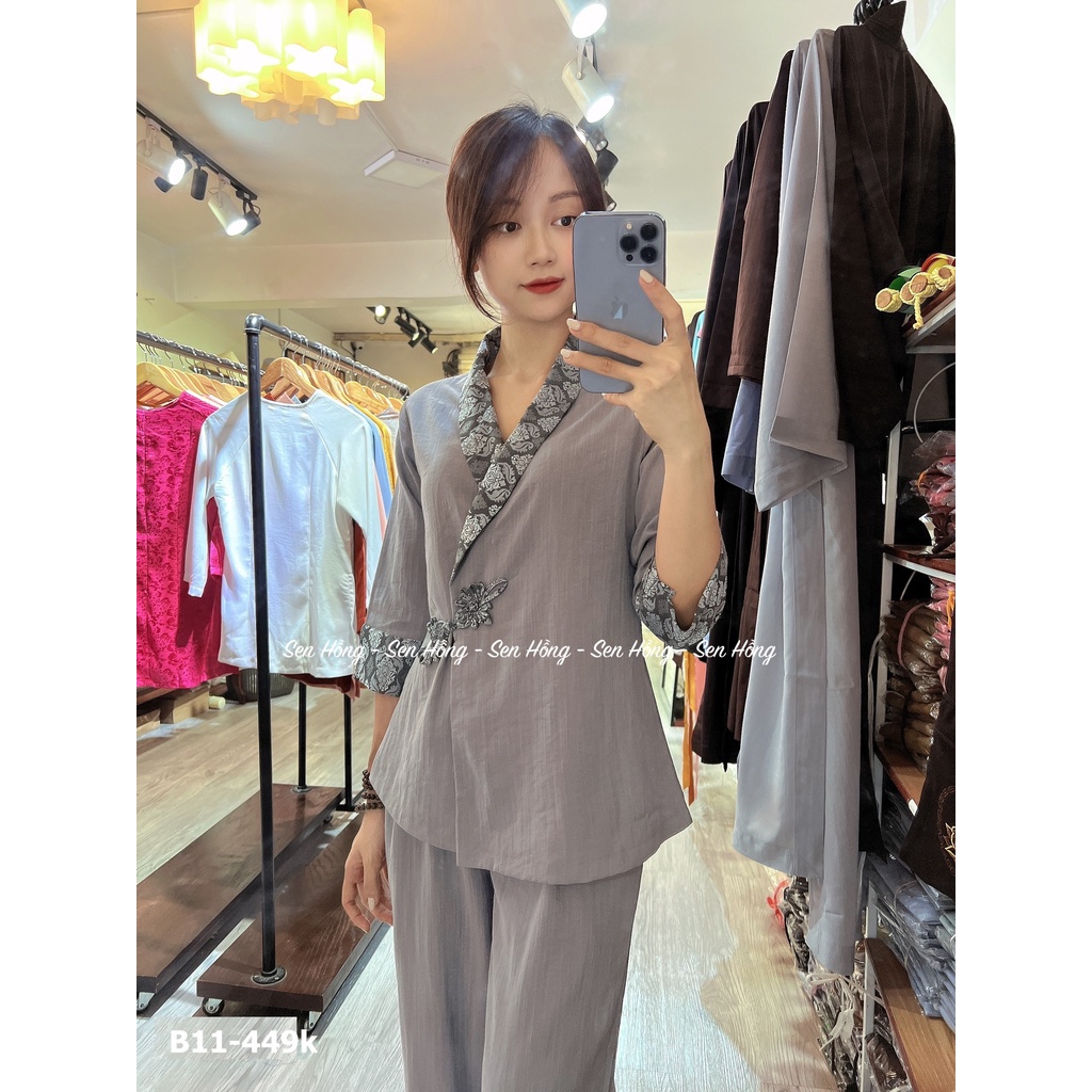 Bộ Phật tử đũi Nhật cái chéo Viền phối tơ tằm sang trọng - Đồ lam đi chùa thiết kế B11