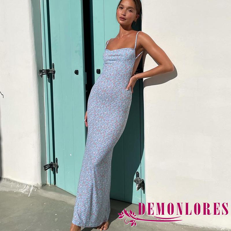 Đầm Dài Hai Dây Hở Lưng Ôm Dáng In Họa Tiết Hoa Dành Cho Nữ