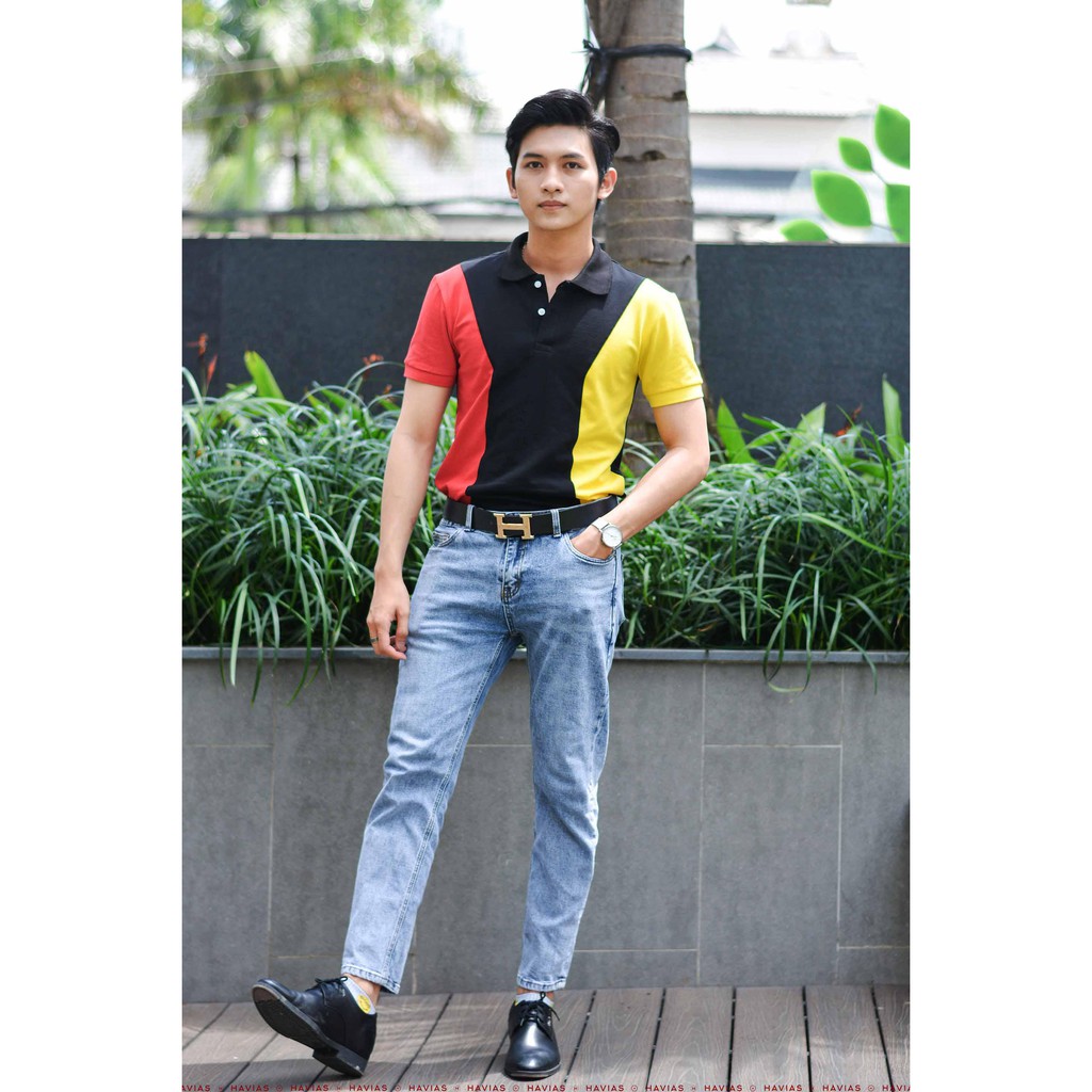 Áo thun Polo Havias kiểu dáng lịch lãm phối 3 màu Đen Đỏ Vàng vải Cotton 100%