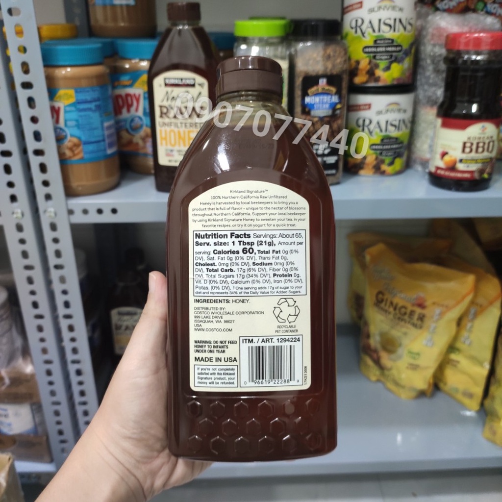 Mật ong Mỹ nguyên chất Kirkland date 2024 Norcal Raw Unfiltered Honey 1.36kg made in USA - EDS Hàng Mỹ