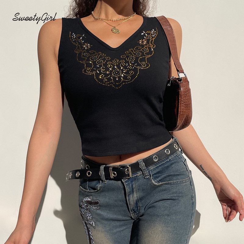 Áo Hai Dây Cổ Chữ V Đính Đá Phong Cách Retro Dành Cho Nữ