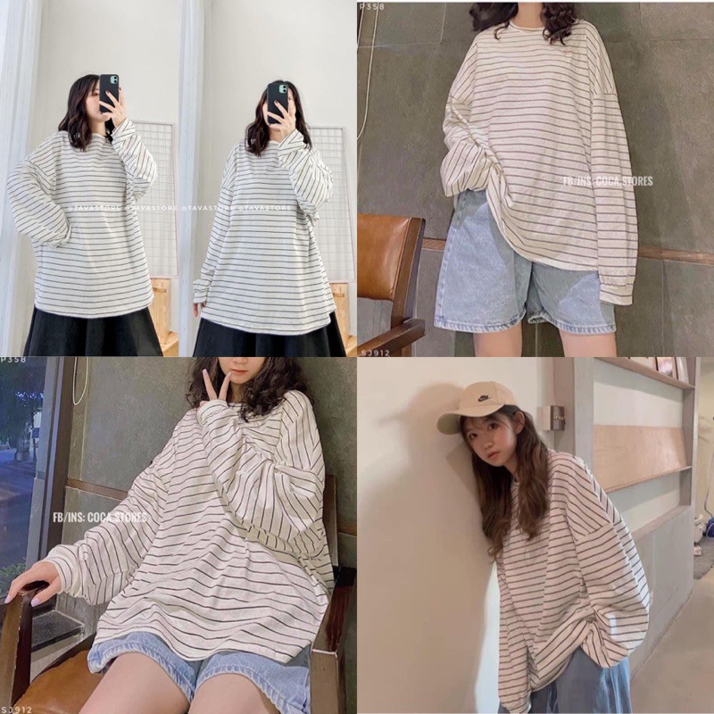 Áo phông POCA SHIRT tay dài from rộng chất vải cotton mát - áo thun kẻ from oversize