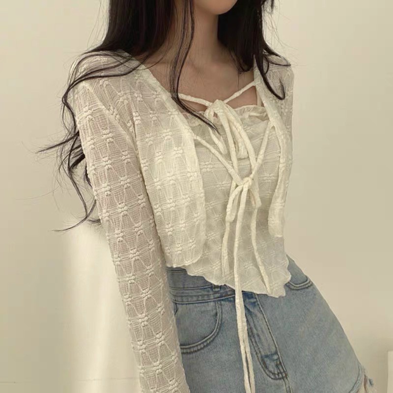 Set cardigan kèm áo 2 dây hoa chìm ulzzang Hàn Quốc hàng QC