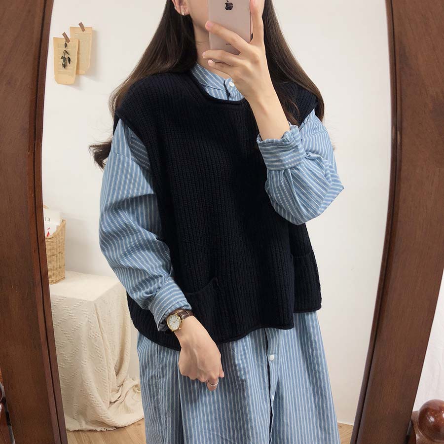 Đầm tay dài/ Áo không tay 31650 dệt kim cổ tròn