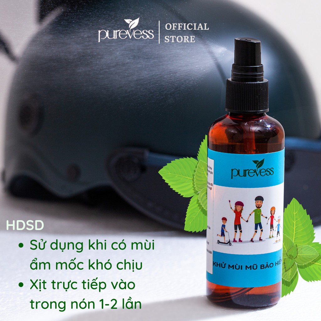 Xịt khử mùi nón bảo hiểm PUREVESS 100% thiên nhiên giúp mũ bảo hiểm thơm mát, an toàn cho sức khỏe 50ml,100ml