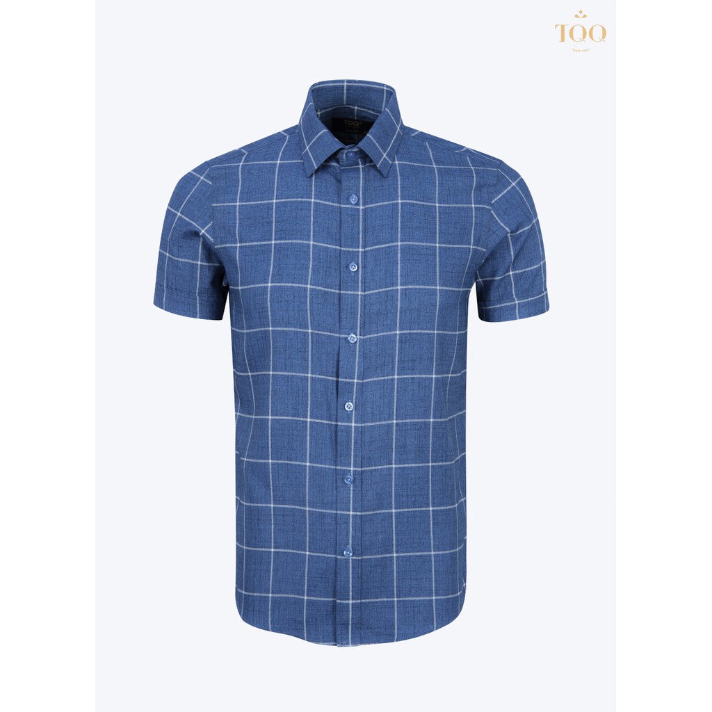 Áo sơ mi nam ngắn tay TQQ dáng Công Sở Slim fit ôm nhẹ K356CSC màu xanh đậm kẻ trắng
