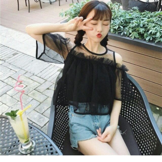 Áo Nữ Kiểu Trễ Vai, Phối Lưới , Yếm Lót Thời Trang Mới - BT Fashion AT062A (Đen)