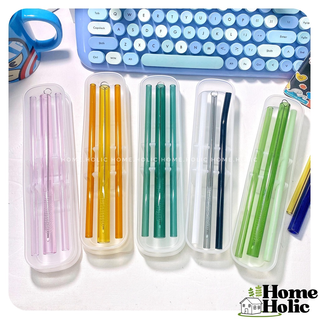Hộp 3 Ống Hút Thuỷ Tinh Borosilicate 20cm Kèm Cọ Rửa Vệ Sinh Thân Thiện Môi Trường Home Holic