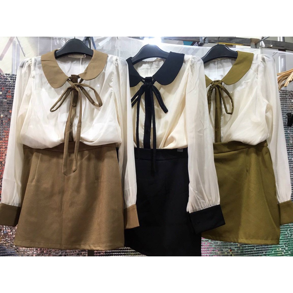 Set áo sơ mi cổ thắt nơ mix chân váy chữ A hàng quảng châu siêu đẹp,điệu đà