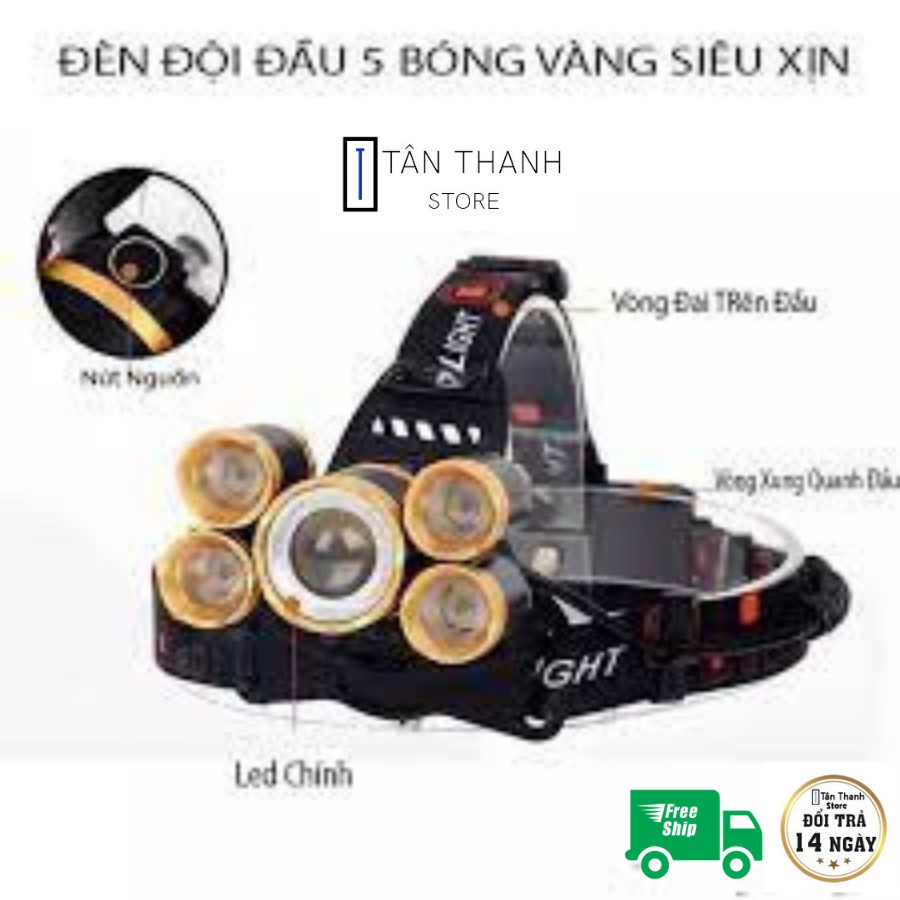 Đèn Pin Đội Đầu - Đèn Đeo Trán T6 5 Bóng Siêu Sáng Kèm Pin Sạc Bán lẻ rẻ như bán sỉ có sẵn
