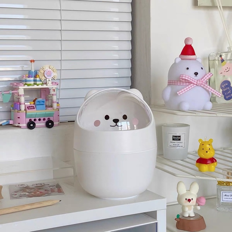 Thùng rác mini , hộp đựng bút cute để bàn hình gấu có nắp dùng decor bàn học