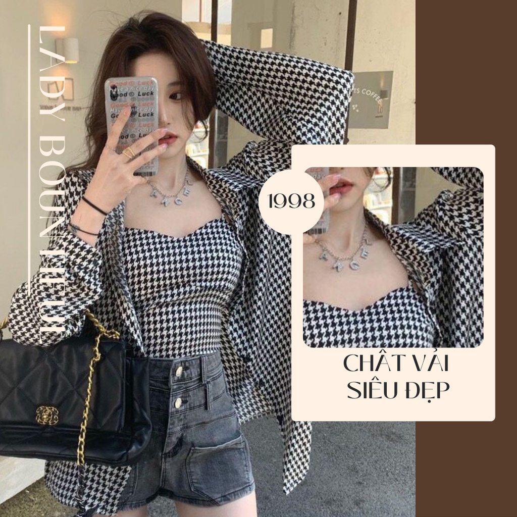 🌸Freeship🌸 Bộ Áo Sơ Mi Áo 2 Dây Kẻ Ô Vuông ,Áo Khoác Nữ Kèm Áo Ngắn (Có video + Ảnh thật)