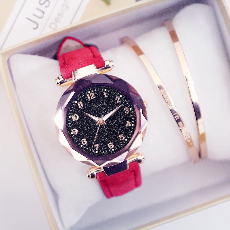 Đồng hồ đeo tay thiết kế mặt số lấp lánh phối dây da giả sang trọng cho nữ