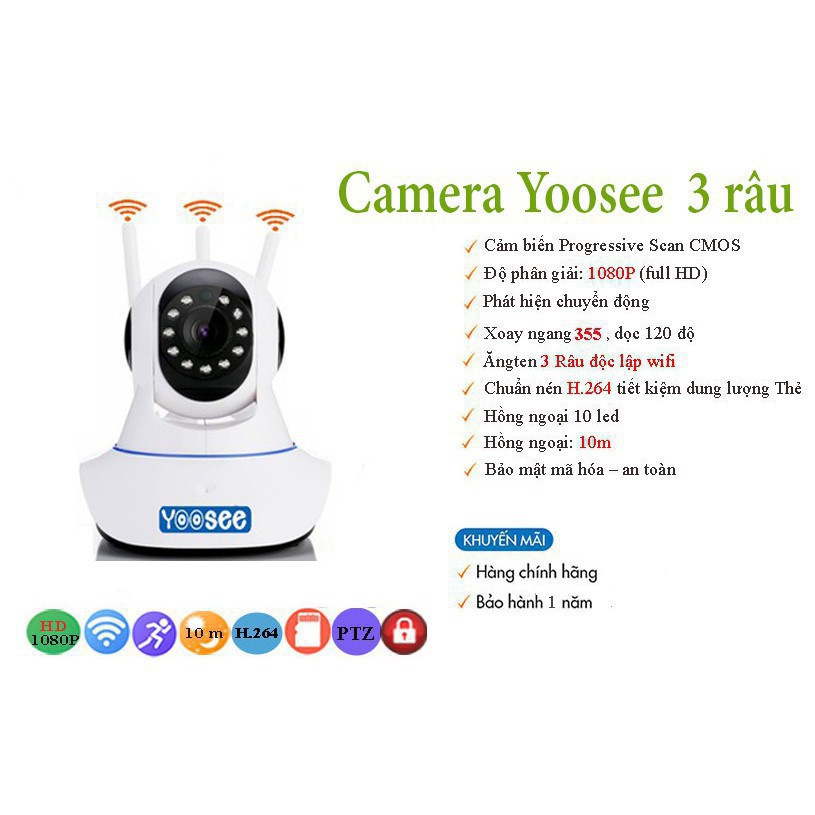 camera wifi Yoosee HD720P, camera wifi 3 anten siêu nét 2020 hỗ trợ thẻ nhớ