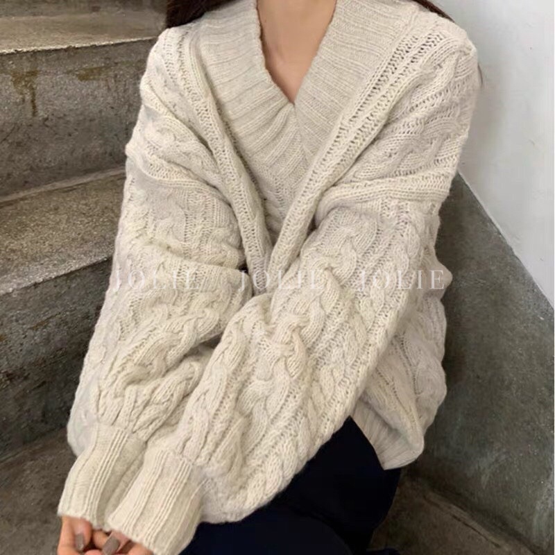 Áo len cổ tim oversize dáng rộng hoạ tiết vặn thừng tay áo bo