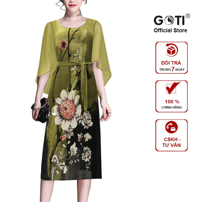 GOTI - Hình Thật - Đầm Trung Niên Bigsize Dự Tiệc Kiểu Suông Nữ Tay Cánh Tiên In Cành Hoa Trắng Cột Eo Tặng Mẹ 3265
