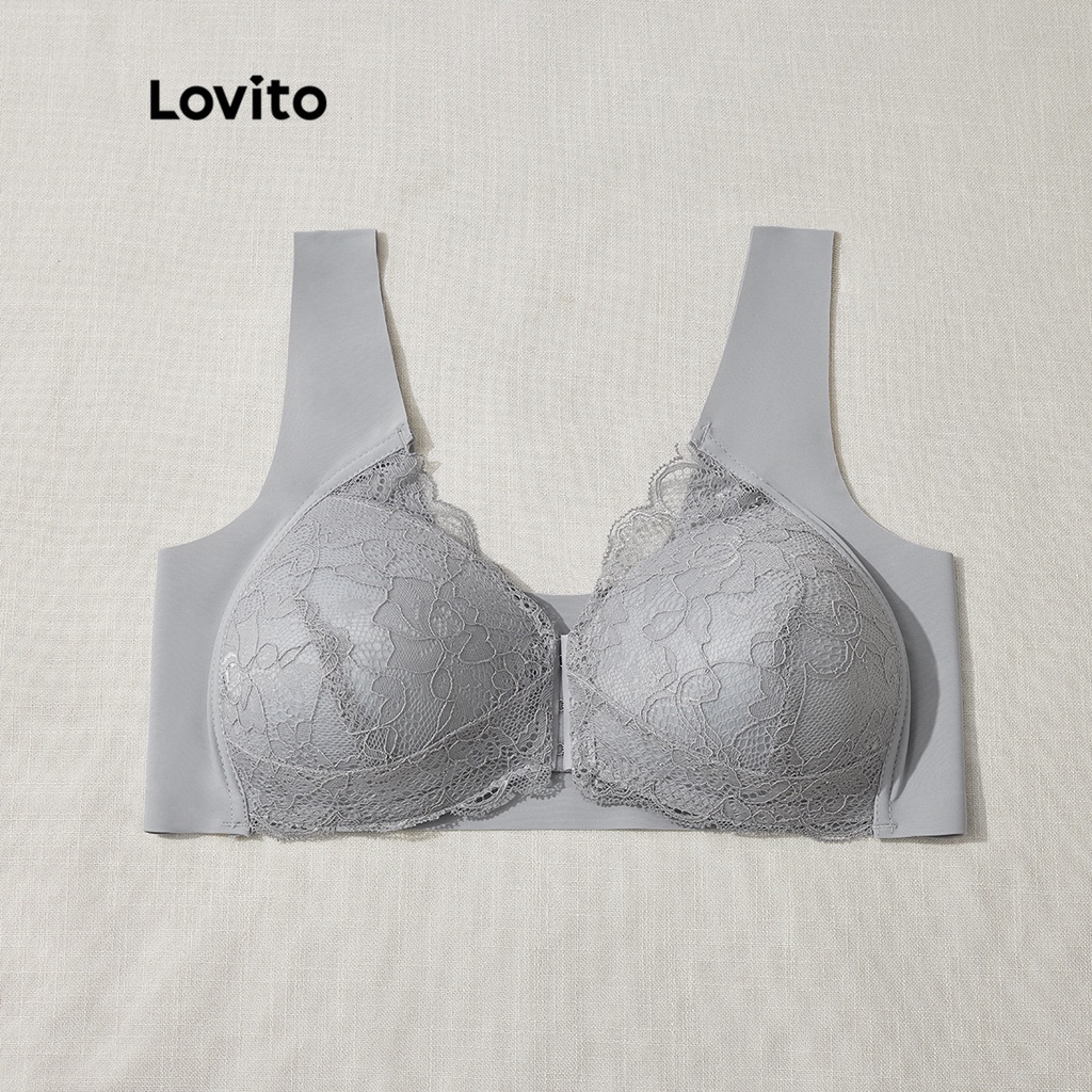 Áo ngực Lovito bigsize curve Plain Front Close Contrast 3/4 Coverage No Pads Lace Bra Casual L31ED031 (Đậu/Màu da/Đen/Xám bạc)