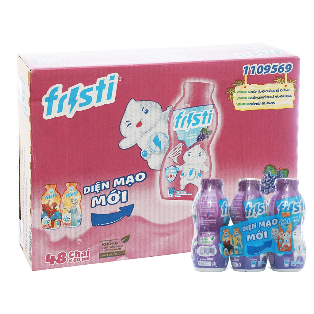 [ Freeship HCM] Sữa chua uống Fristi 80ml Thùng 48 hộp( Vị Dâu, Nho, Cam, Táo, Đào)- Date mới nhất