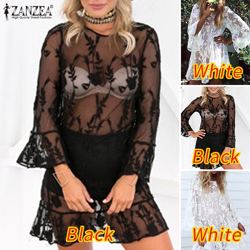 Zanzea Đầm Tay Loe Phối Ren Xuyên Thấu Thời Trang Mùa Hè Cho Nữ