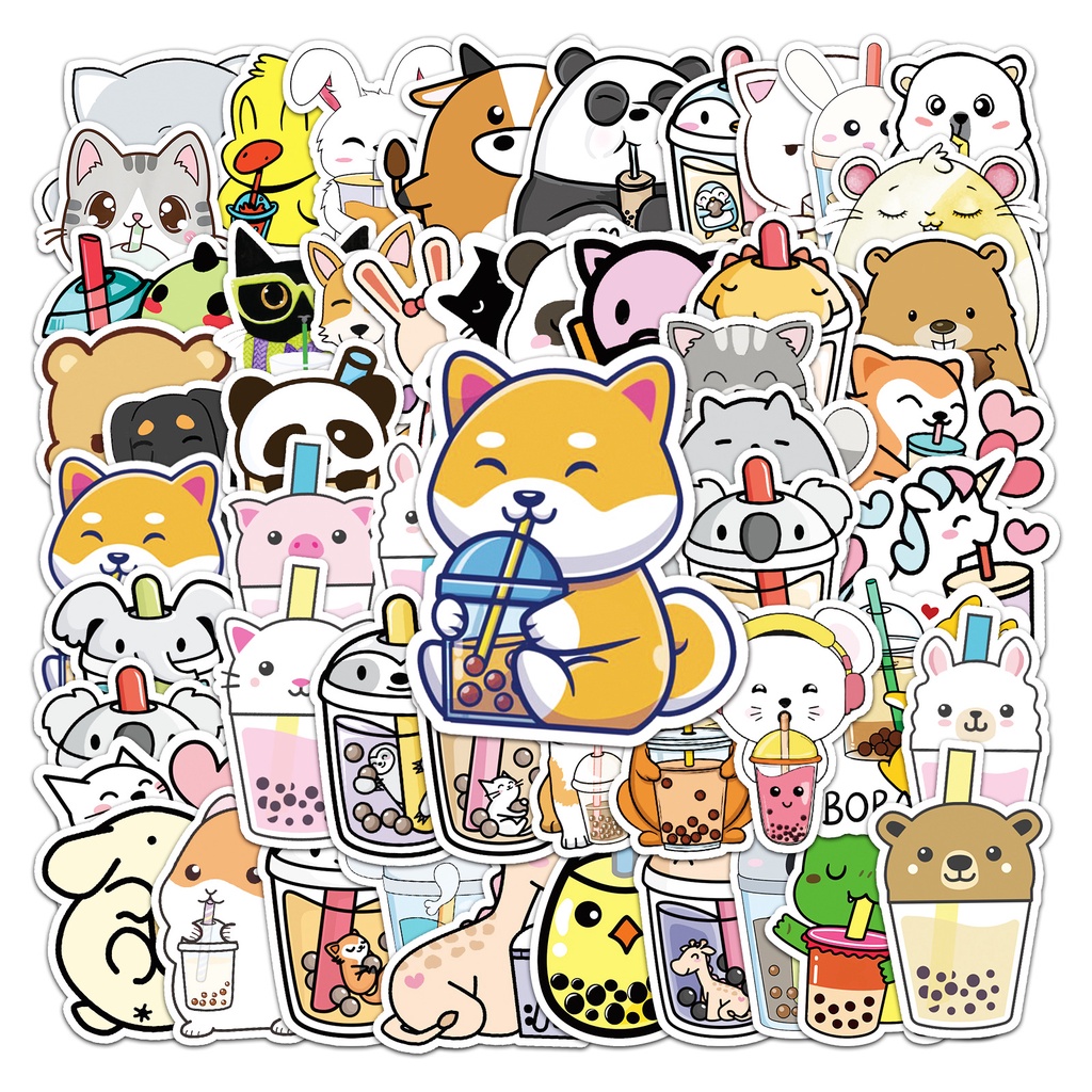 Combo 30 Sticker Hình Dán Chống Nước Decal Điện Thoại Laptop Nón Mũ Bảo Hiểm Vali Đàn Bình Nước Sổ [THÚ CƯNG TRÀ SỮA]