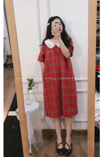 Váy Suông Kẻ Đỏ Cổ Sen Siêu Xinh , Đầm Suông Kẻ Đỏ Cao Cấp
