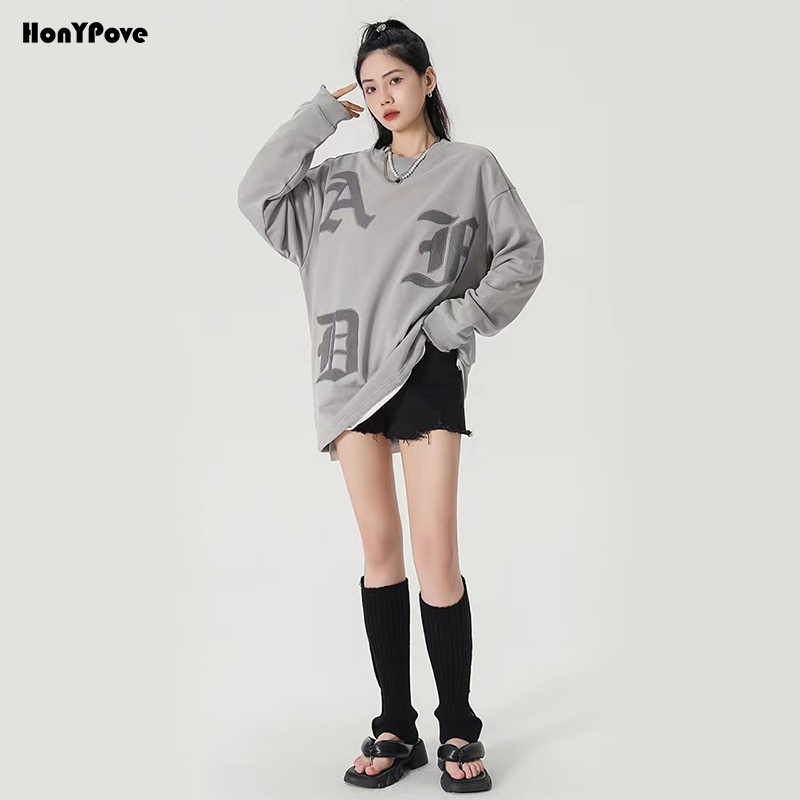 Honypove Áo Nỉ Nữ Dài Tay Cổ Tròn Form Rộng Thời Trang