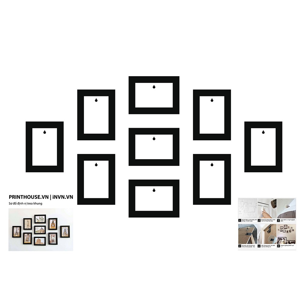 Bộ 9 khung ảnh treo tường 10x15 cm - Tặng in hình và phụ kiện treo khung