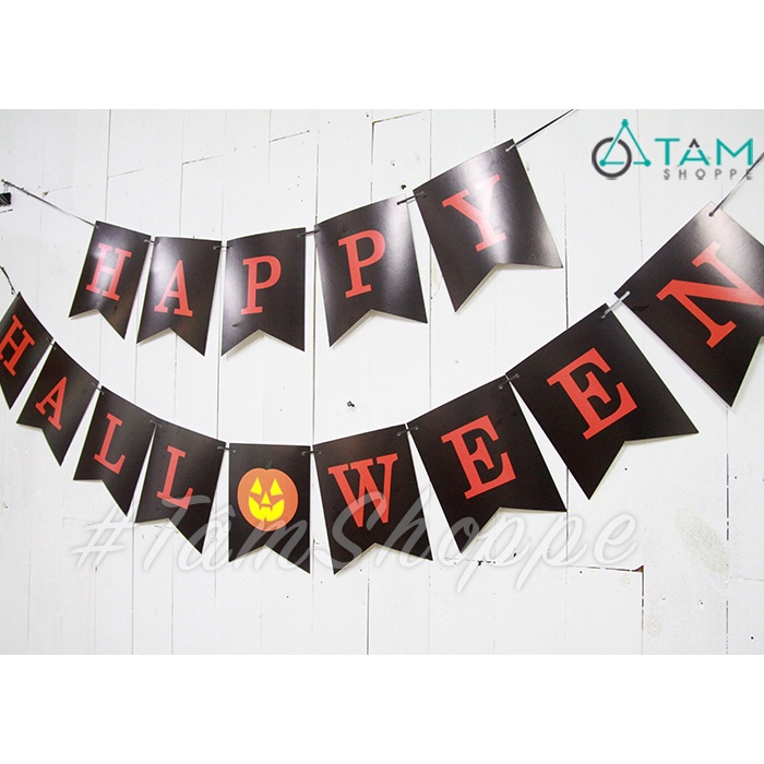 [KÈM DÂY TREO - GIẤY BÌA CỨNG - SỬ DỤNG NHIỀU LẦN] Dây chữ Happy Halloween bằng giấy tông Đen Cam HLW-CHU-04