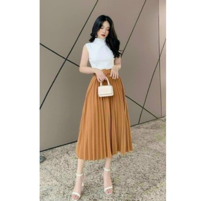 Chân váy xếp ly dài kèm đai - Hàng Quảng Châu