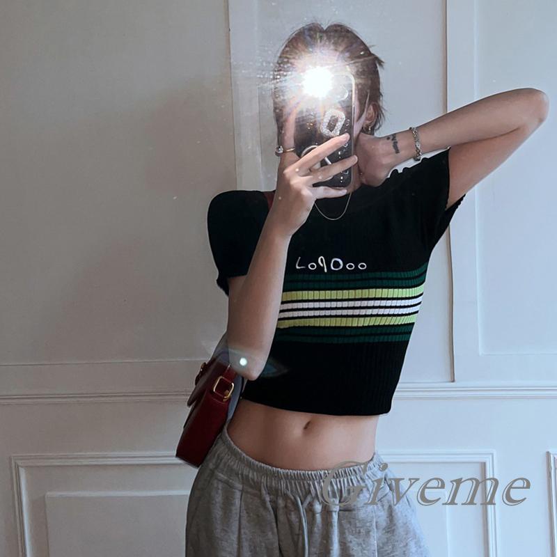 Áo Croptop Dệt Kim Cổ Tròn Tay Ngắn Họa Tiết Kẻ Sọc Thời Trang Mùa Hè Cho Nữ