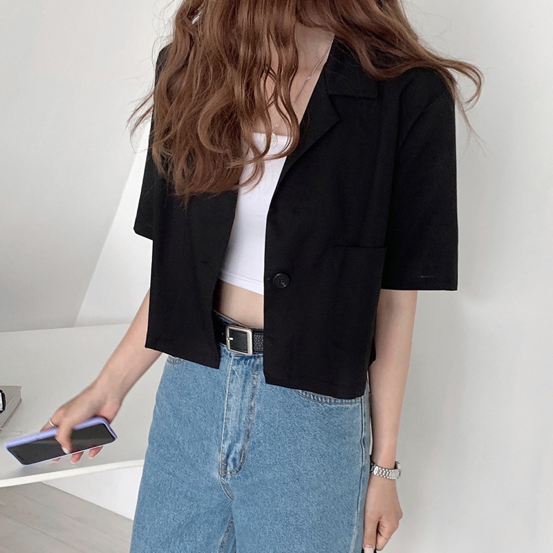 Áo khoác blazer SUXI tay ngắn màu trơn phong cách vintage Hàn Quốc